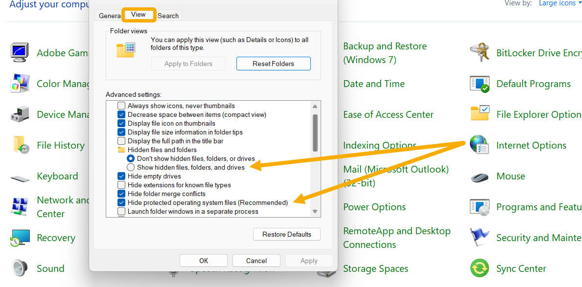 Enabling "Show hidden files, folders, and drives" option in Control Panel.