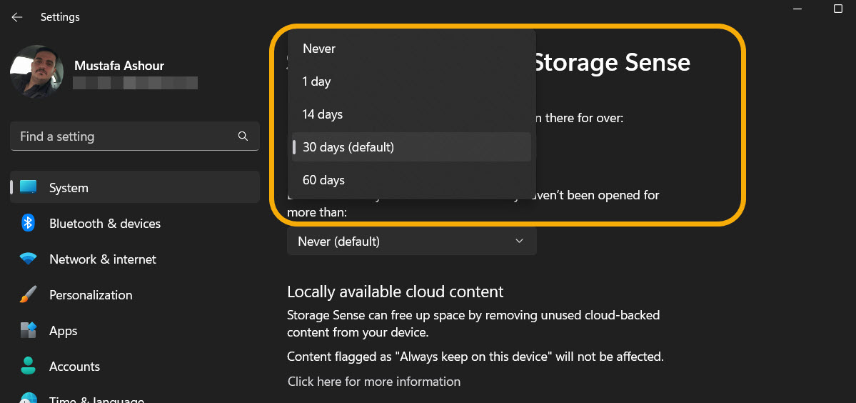 Options in Storage Sense to clear Recycle Bin after an amount of time has elapsed.