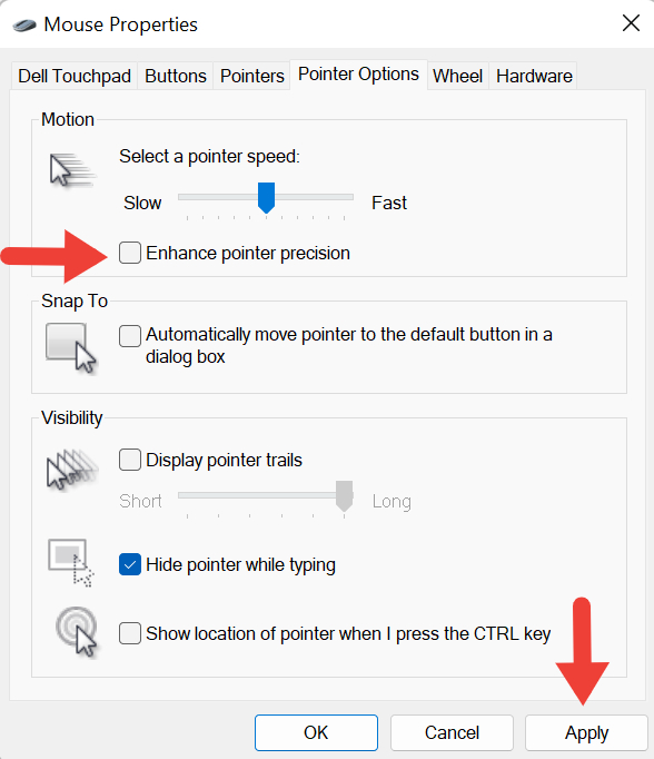 Turning off "Enhance pointer precision in Mouse Properties window.