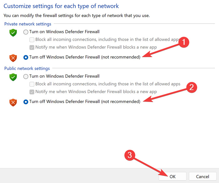 Turning Off Windows Defender Firewall