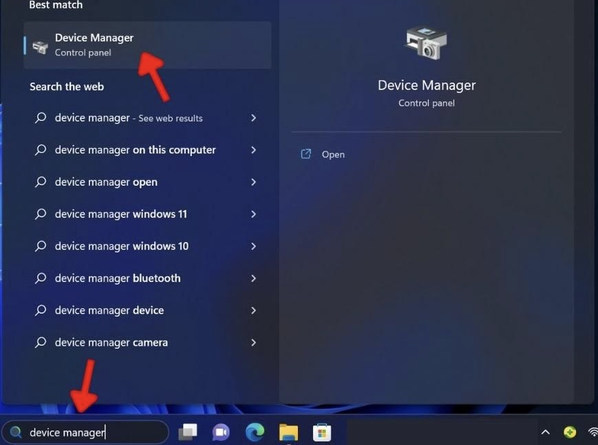 Type Device manager in the Windows search bar.