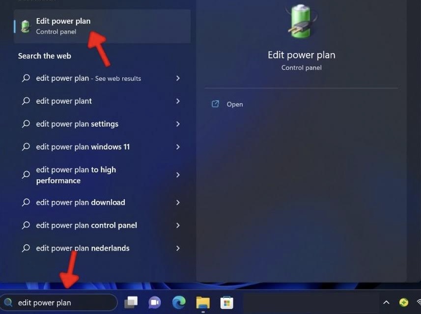 Typing "Edit power plan" in the search bar.