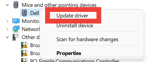 Selecting "Update driver" from Device Manager.