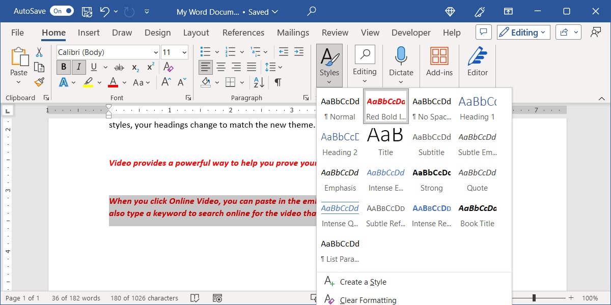 Custom Style in the Styles menu
