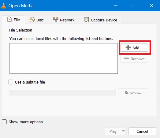Add Button in VLC "Open Media" to select local files added in multiples. 