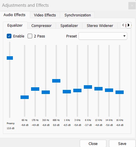 VLC adjustments to reduce white noise by dragging individual sliders. 