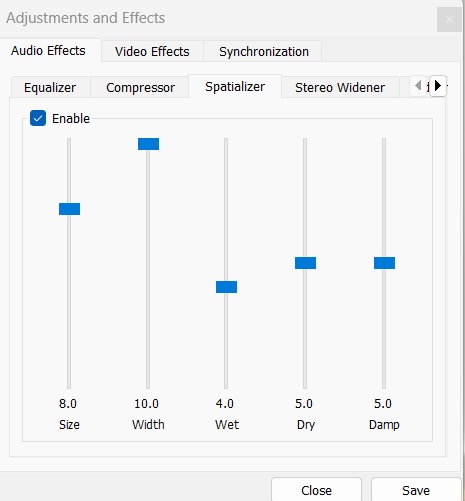 Adjusting band levels in Spatializer of VLC. 