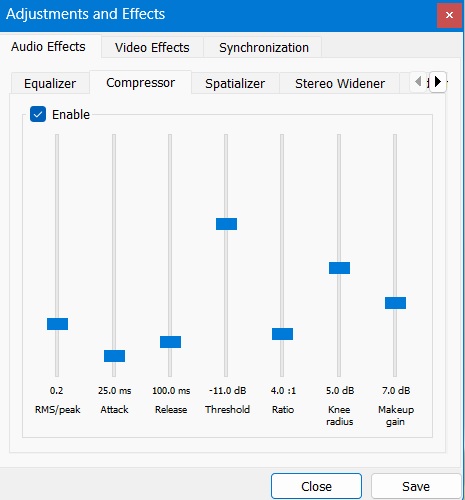 Compressor adjustments in sounds of VLC Video Player. 