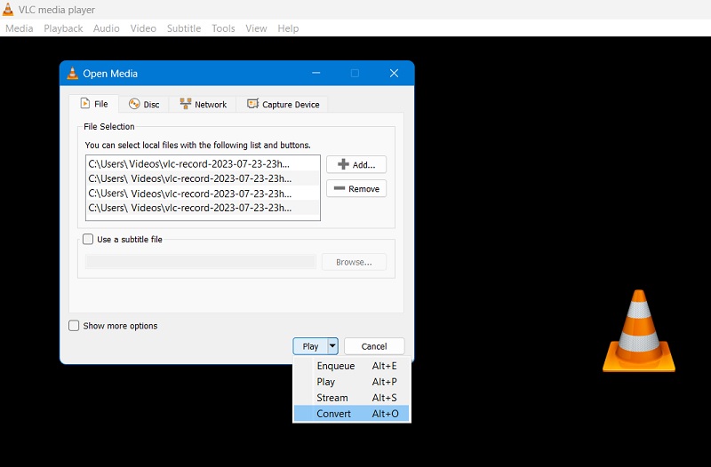 Convert button to convert multiple files in VLC. 