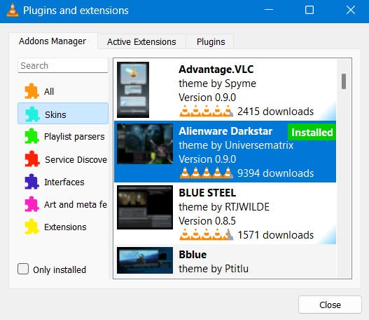 Changing VLC appearance with downloaded and installed theme. 