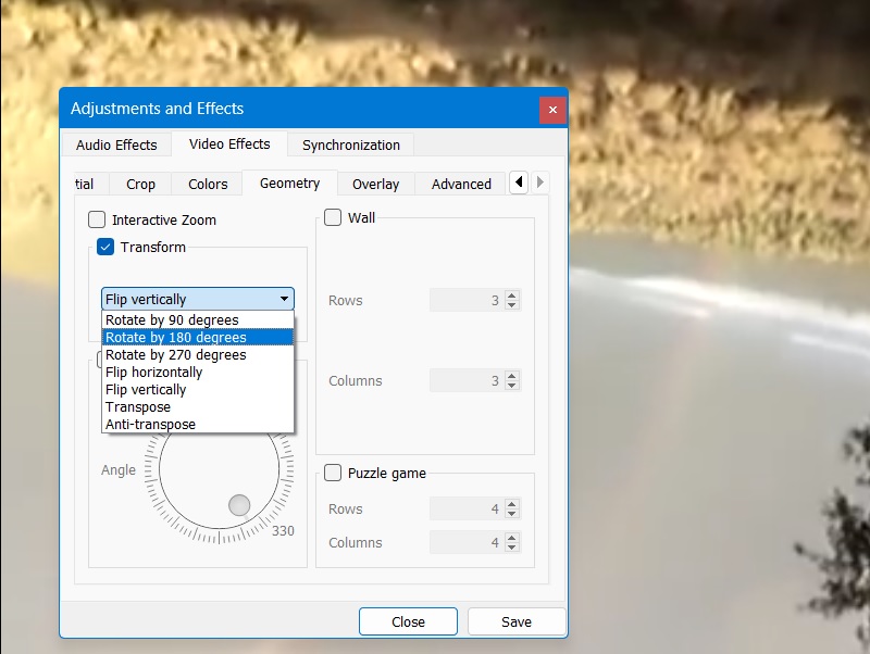 Rotate and flip options in VLC. 
