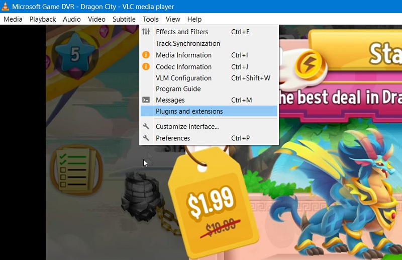 Plugins and extensions menus selected in VLC. 