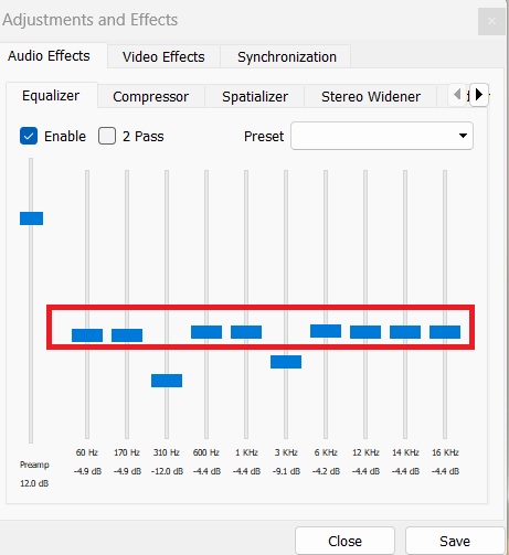Turn all bands to where they were before in VLC Adjustments and Effects. 
