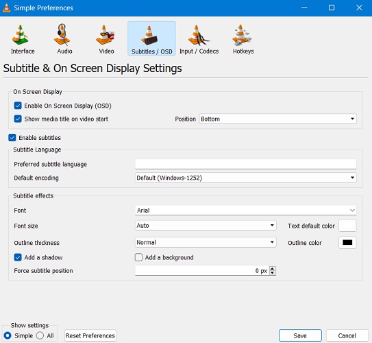 Subtitle display in Preferences for VLC. 