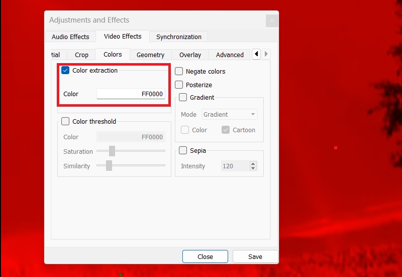 Color extraction in VLC with reddish dawn color. 