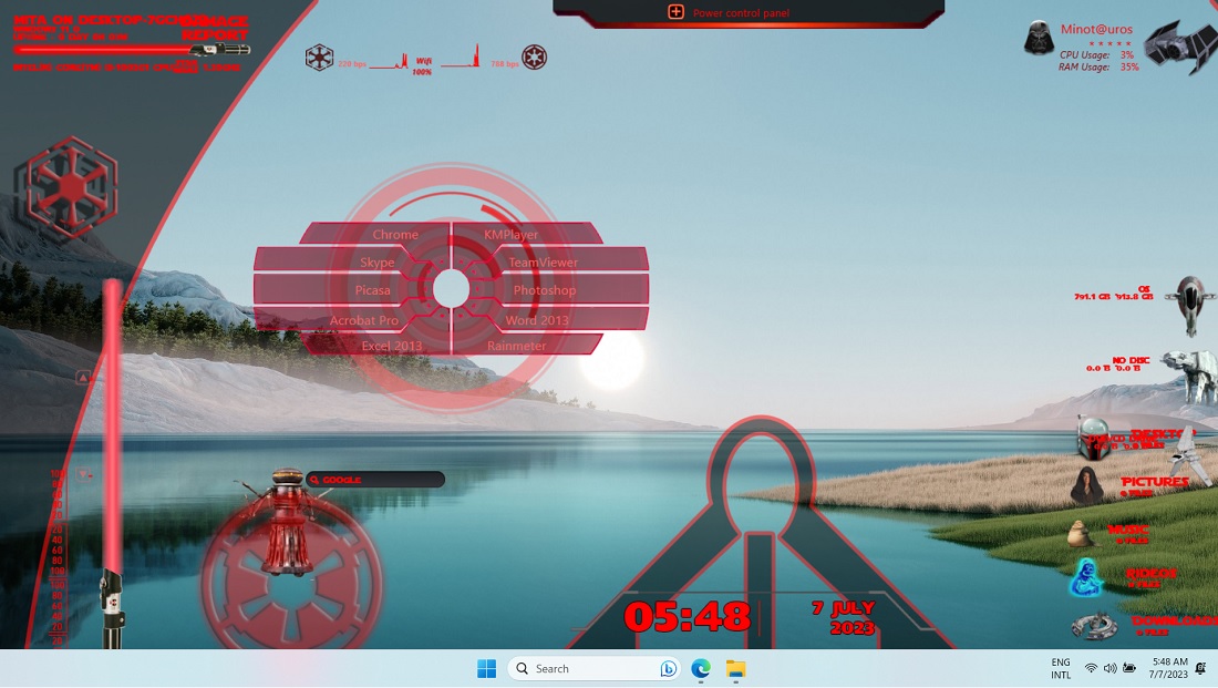Darth Vader Rainmeter dock on a Windows desktop.