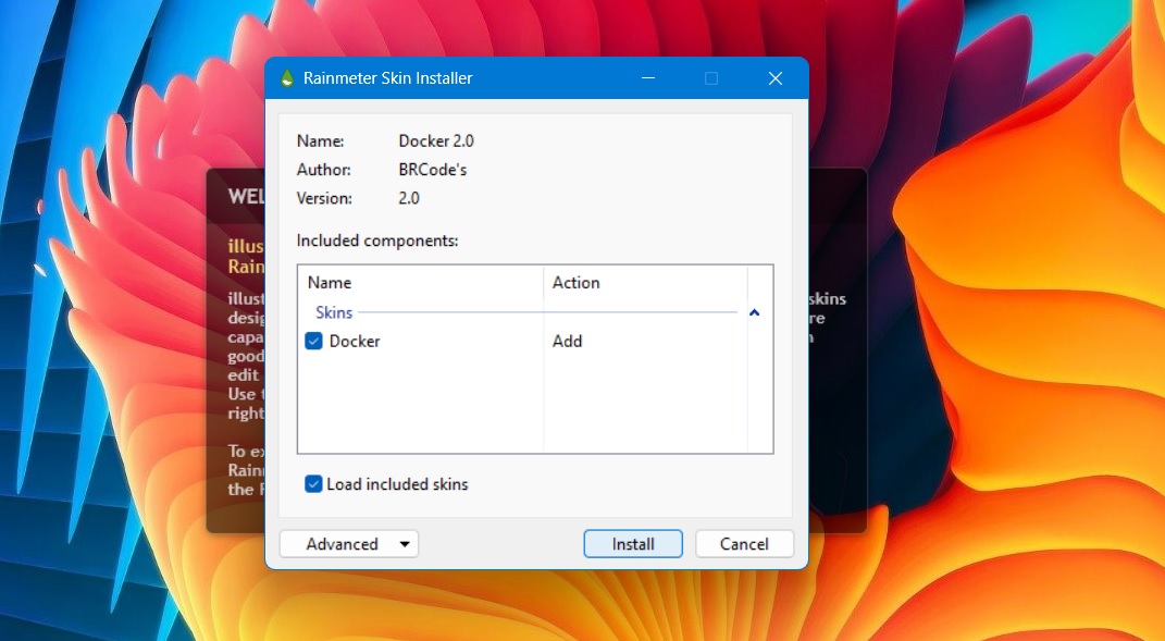 Double-click on a downloaded Rainmeter skin to install it (Rainmeter app dock in background).