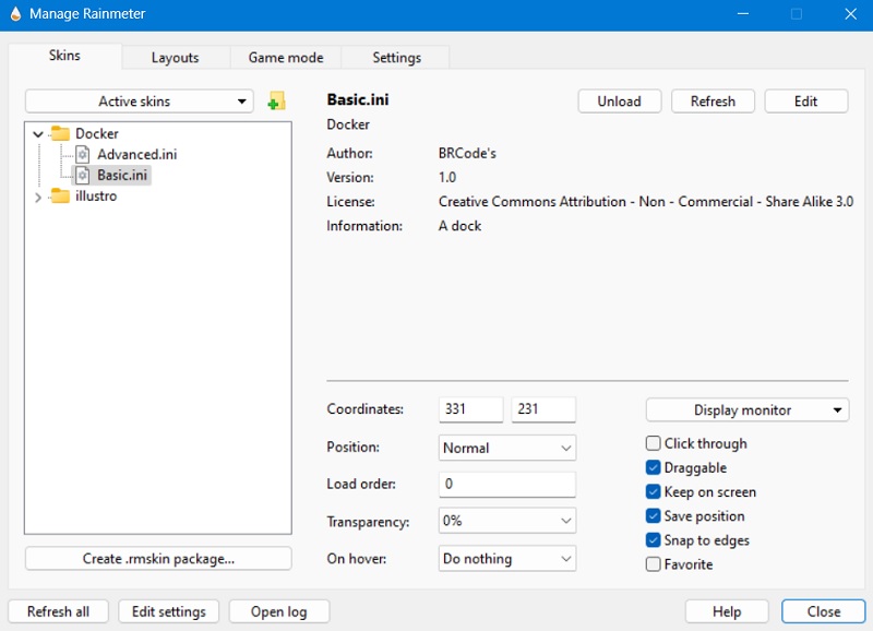 Display settings under Basic.ini and Advanced.ini of a Rainmeter app dock.
