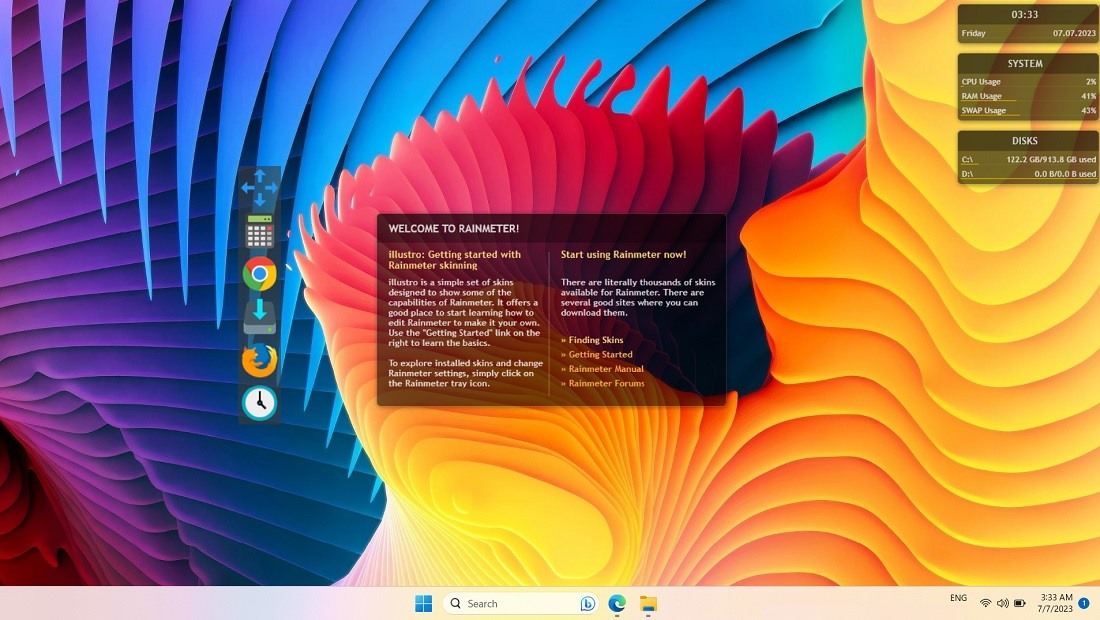 New Rainmeter skin, Docker, visible on desktop.