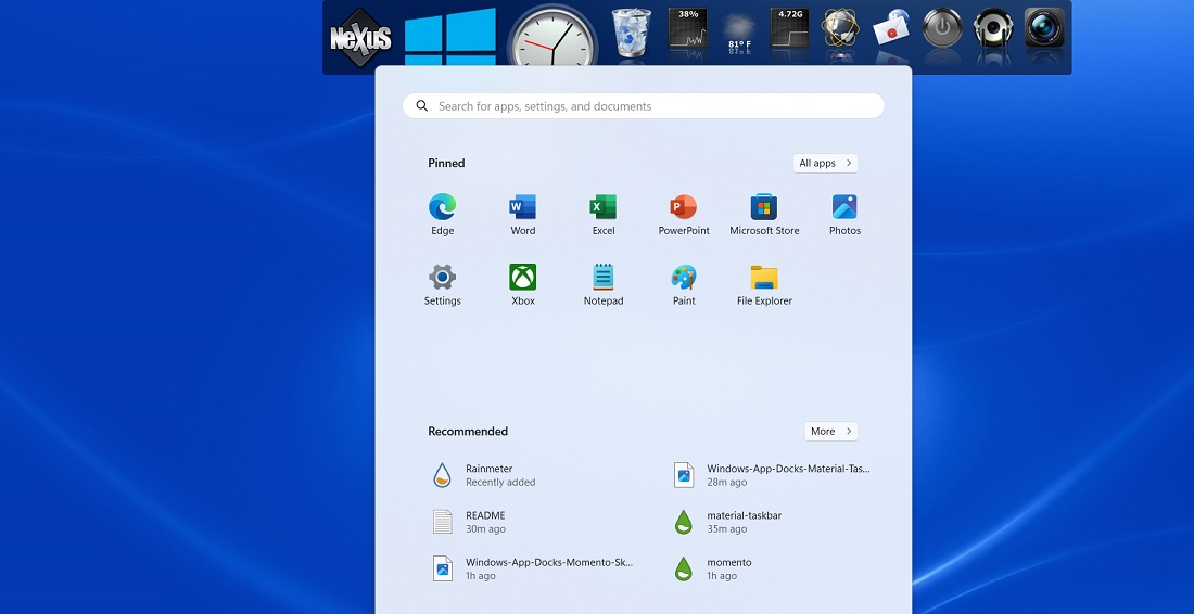 Best Windows 10 App Docks Nexus Dock Winstep Nexus app dock opening the start menu in Windows 11.