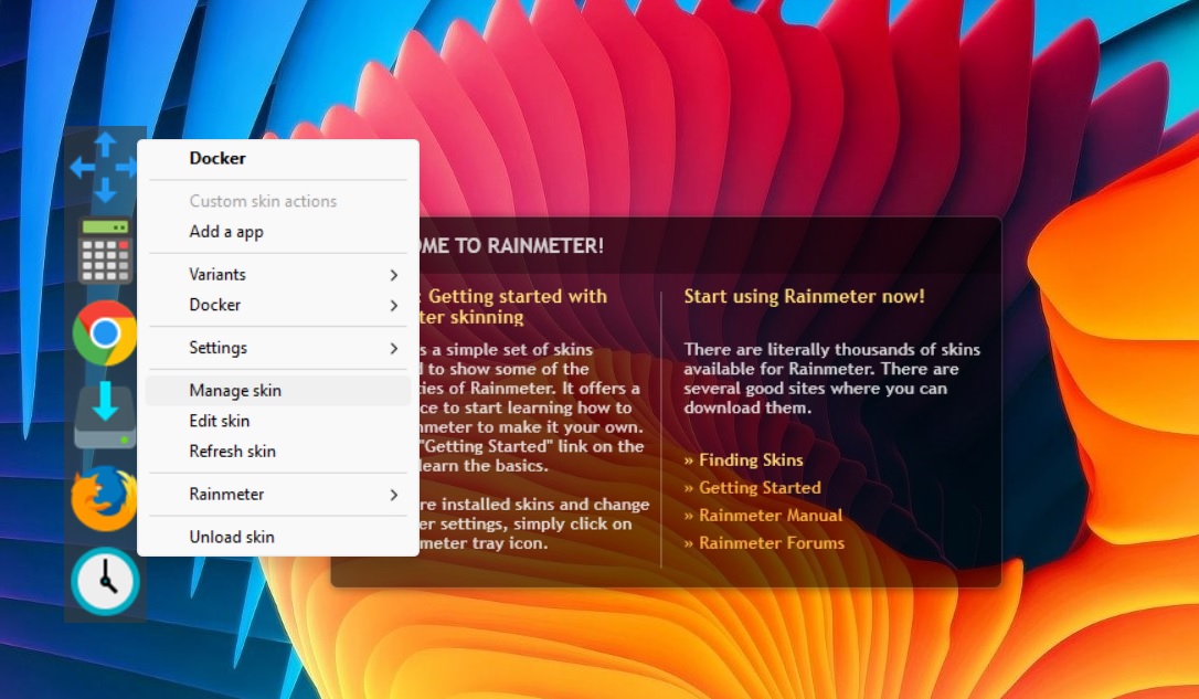 Manage a downloaded Rainmeter skin, Docker, by right-clicking inside the space.