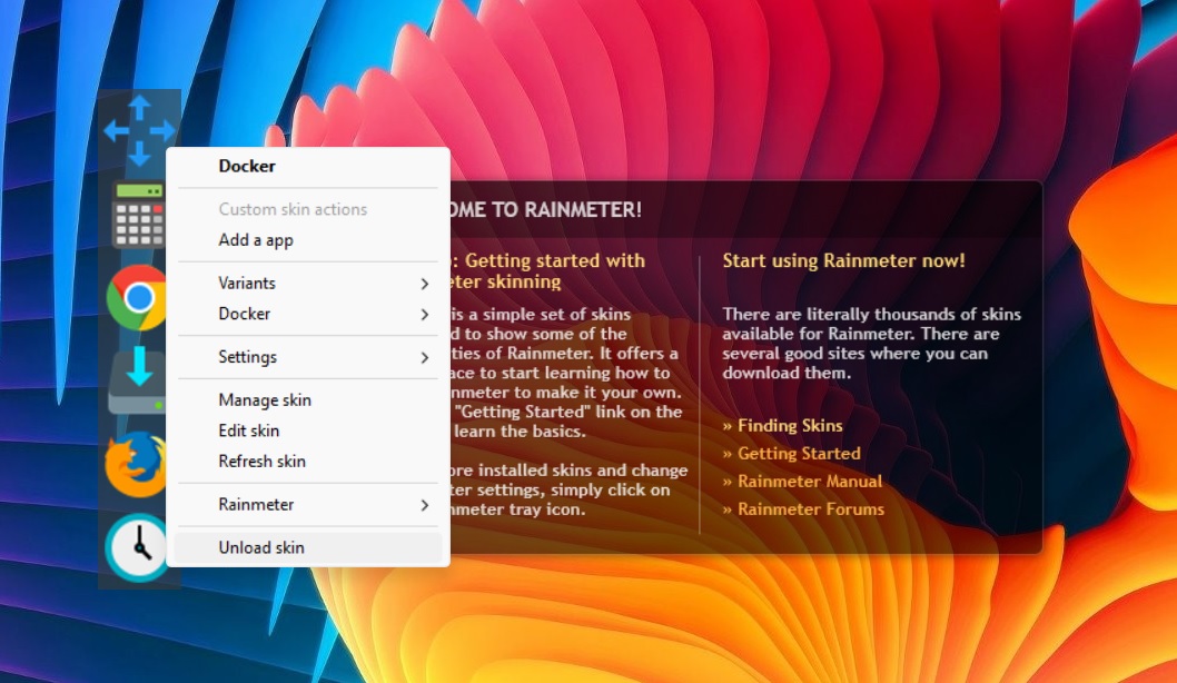 Uninstall a Rainmeter skin by right-clicking to Unload it.