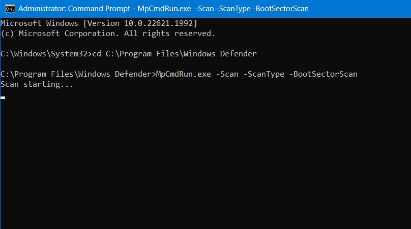 Running a boot sector scan in Windows Defender via Command Prompt. 