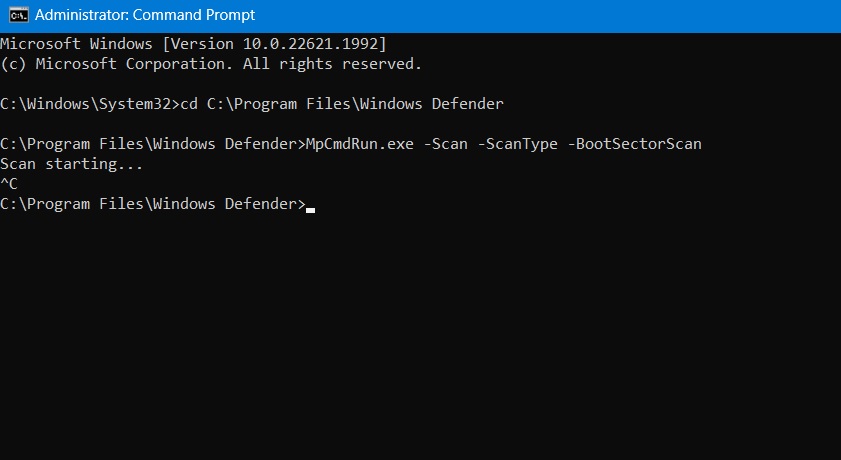 Cancelling boot sector scan in Windows Defender via Command Prompt. 