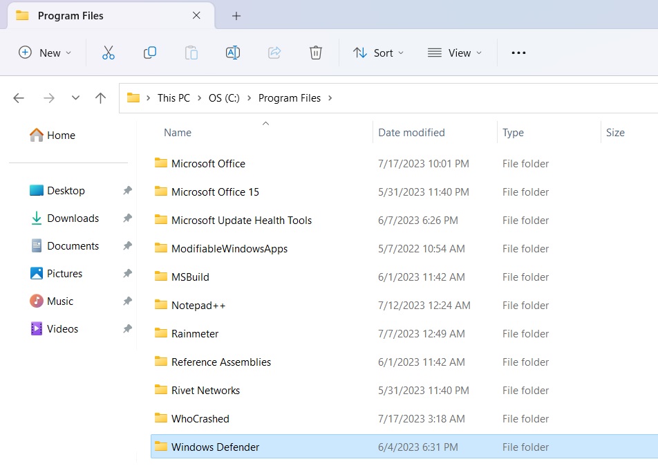 Windows Defender Program Files location of the app. 