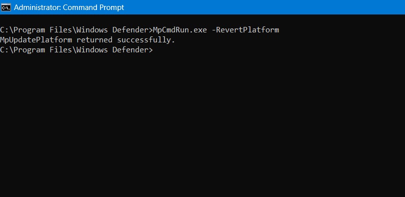 Revert the Windows Defender platform to its previously installed version. 