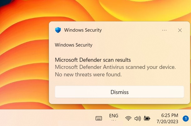 Windows Defender scanning Type 1 result in System Tray. 