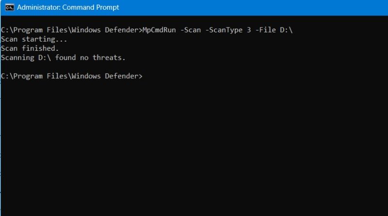 Windows Defender Custom scan for a folder located in D drive. 