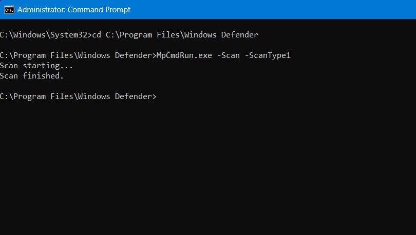 Windows Defender scanning in Command Prompt. Scan Type 1 started and finished. 