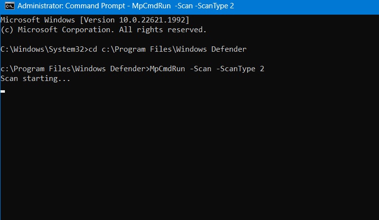 Windows Defender full scan in Command Prompt called Scan 2. 