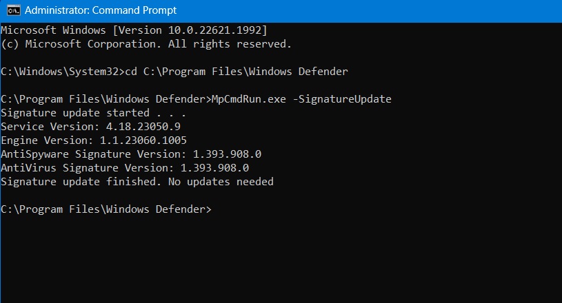 Signature updates done in Windows Defender using Command Prompt. 