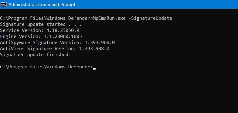 Windows Defender Signature update started and finished. 
