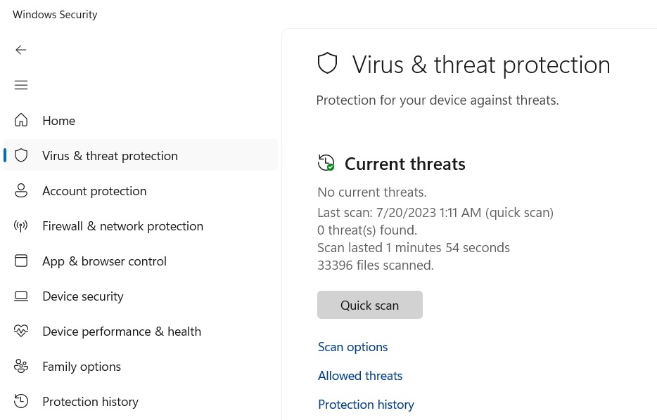 Checking Command Prompt scan 1 test results in Windows Security app with details of the scan. 