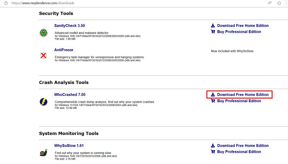 Download link of WhoCrashed Free Home edition software. 