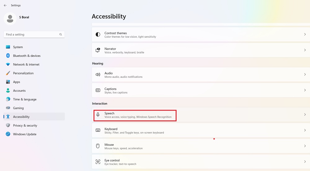 Navigating to Speech menu under Settings and Accessibility.