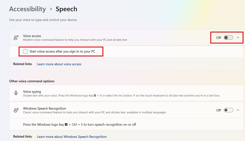Toggle Voice Access on in Windows 11 Speech Accessibility.