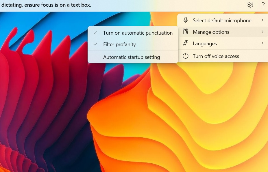 Turn on automatic punctuation in Windows 11 voice access.