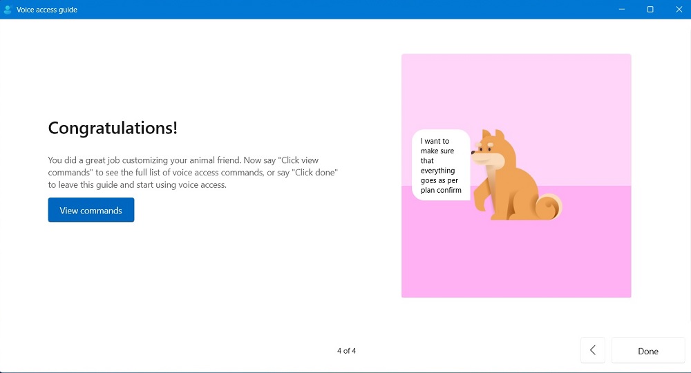 Congratulations screen in Windows Voice Access guide.