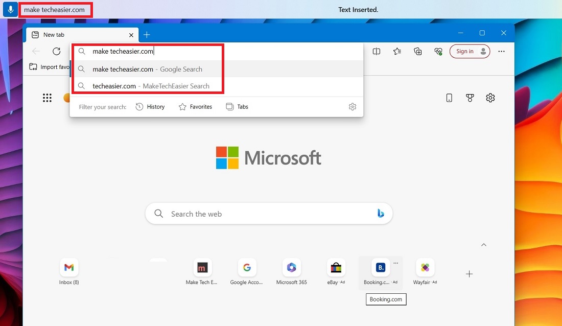 Launching MakeTechEasier website using WindowsVoice Access app. by inserting its text on a default browser