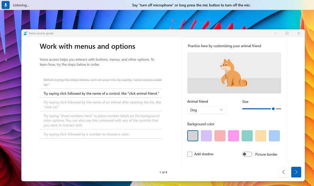 Listening mode enabled in Windows Voice Access.