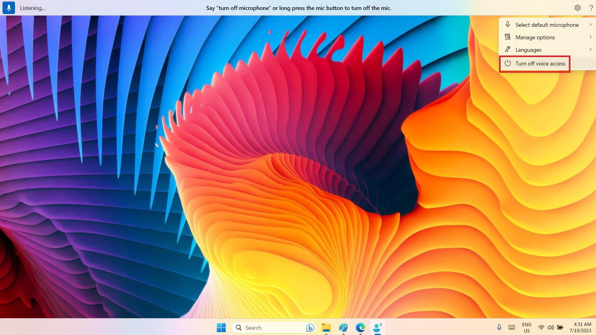 Right-click to turn off voice access from the top dock on screen.