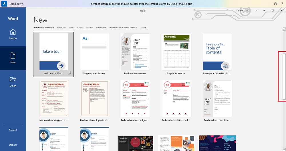 Scroll down using voice access in Word.