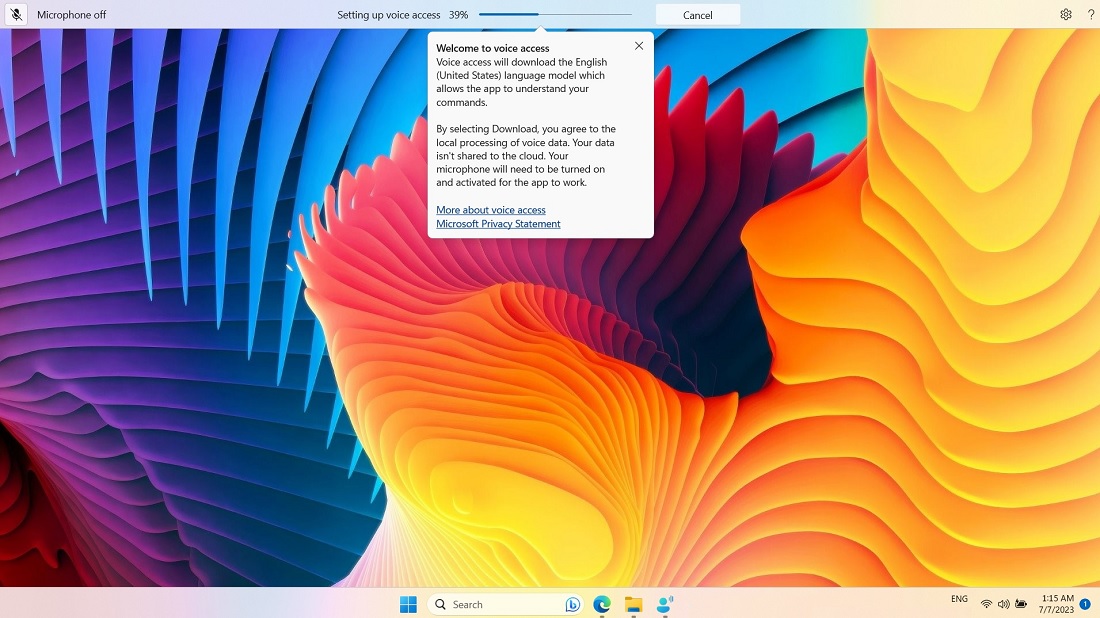 Setting Windows Voice Access for the first time with welcome screen.