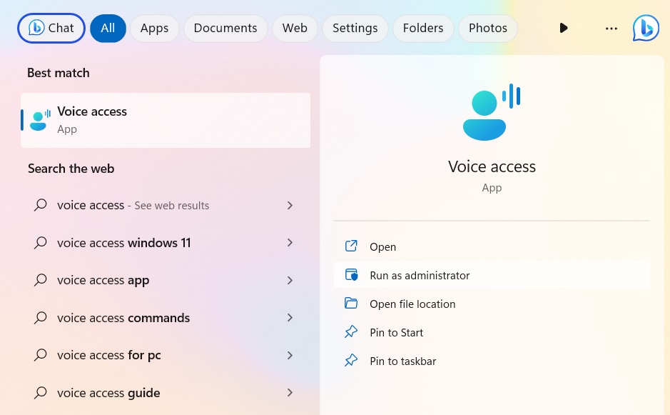 Searching for Voice Access app in Windows 11 search box.