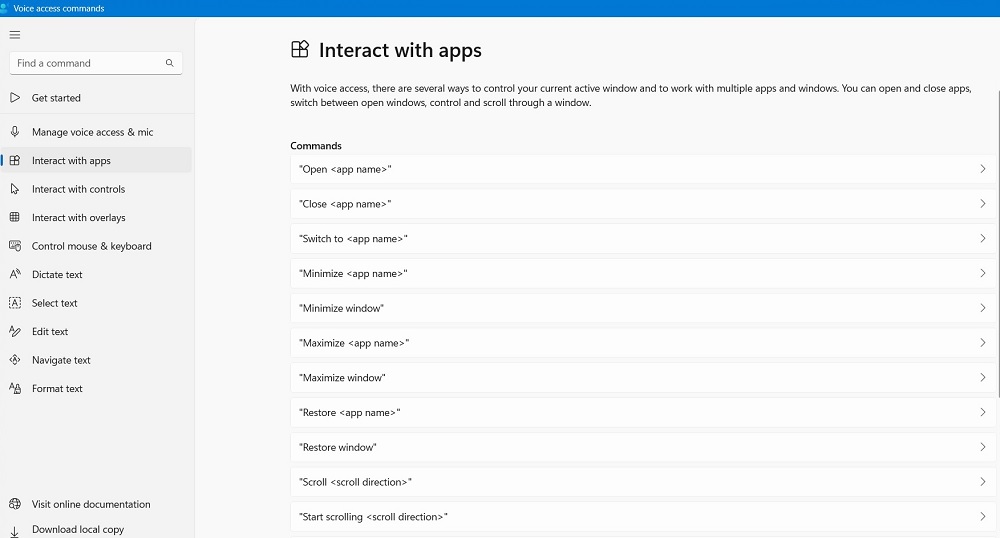 Windows Voice Access list of Commands