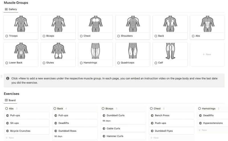 Tracking a workout with the Workout Tracker Notion template.